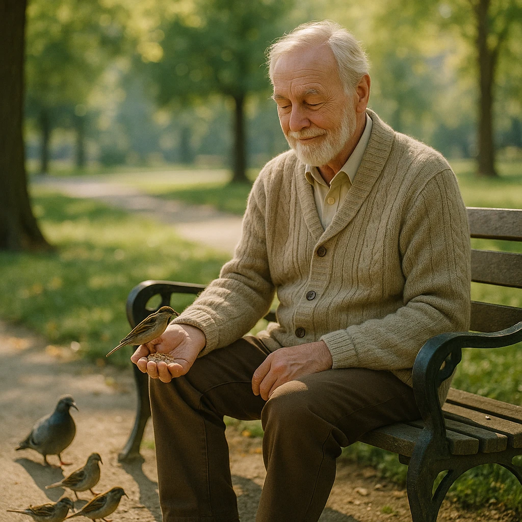retired man feeding birds, gentle expression, cardigan sweater, sitting on a park bench emoji