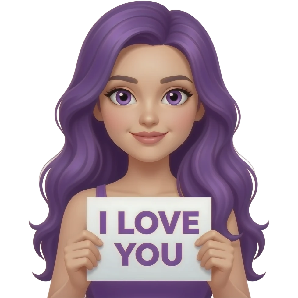 sexy girl with long purple hair and purple eyes holding I LOVE YOU sign emoji