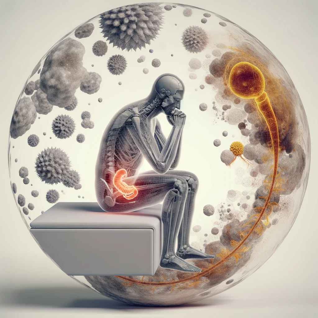 CORPO UMANO ANATOMICO SEDUTO NEL LETTO CHE NON RIESCE A DORMIRE, VESCICA ANATOMICA IN EVIDENZA, IPERREALISTICO SFONDO CHIARO NEUTRO emoji