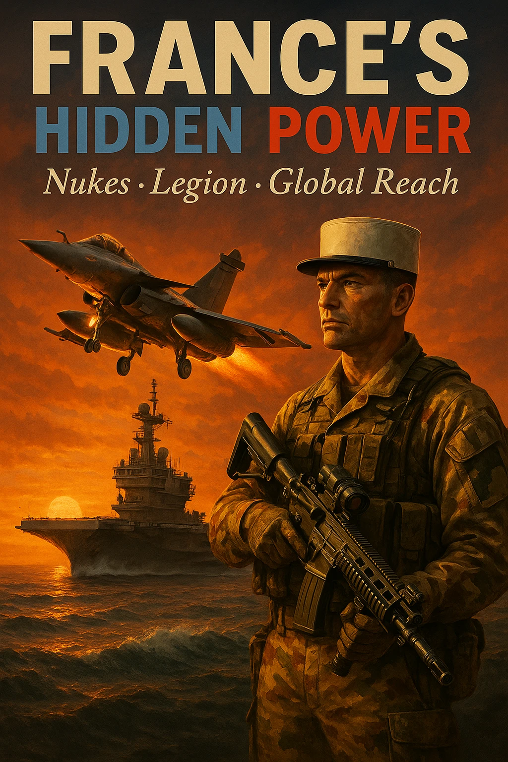 Cinematic dusk scene of a Rafale jet launching from Charles de Gaulle carrier with an orange sunset. Foreground shows a Legionnaire in desert camouflage holding an advanced rifle. Bold tricolor headline: 'FRANCE’S HIDDEN POWER'. Subtext: 'Nukes • Legion • Global Reach'. 8K, epic style. emoji