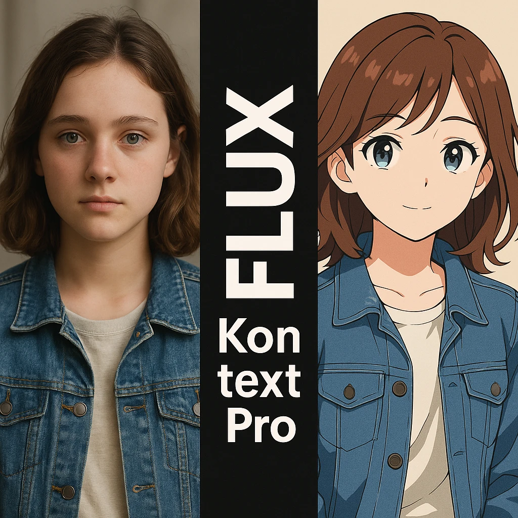 create before after image of a girl before is realsitic photo, after is anime version of her in same pose and clothes, add logo with text of a "FLUX Kontext Pro" in middle in big, black background emoji