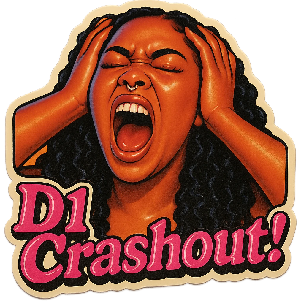 Shout eyes closed
Holding head 
add the wordsD1 Crashout!  in pink  emoji