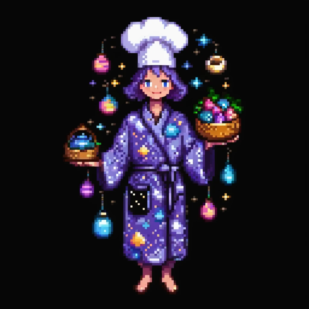 Portrait of a surreal baker floating among stars, wearing a galaxy-patterned robe, holding stardust ingredients, skeuomorphism style emoji