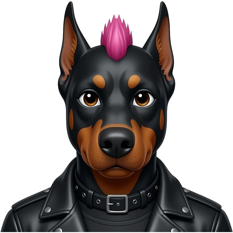 Pink mullet Haired heavy metal doberman front facing with full black outfit closeup emoji