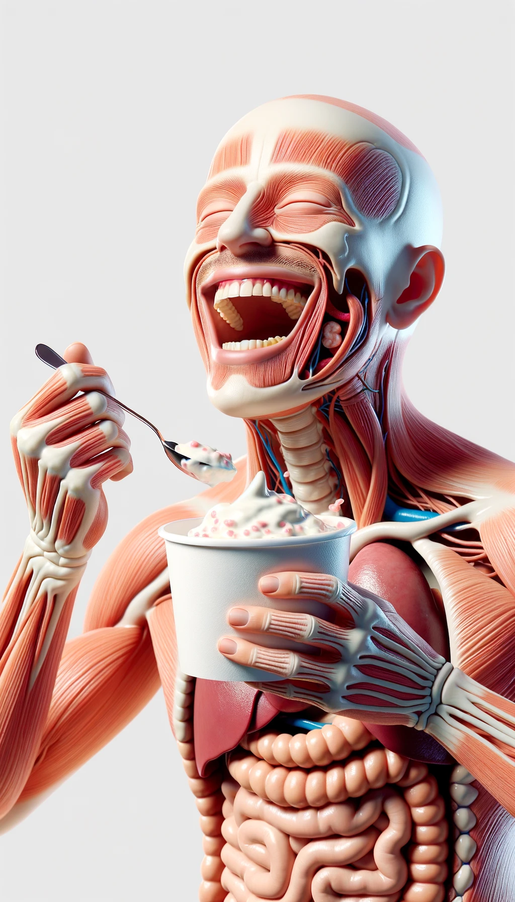 corpo umano anatomico con intestino in evidenza mentre mangia uno yogurt con espressione felice in volto, iperrealistico 4k, isolato su sfondo bianco emoji