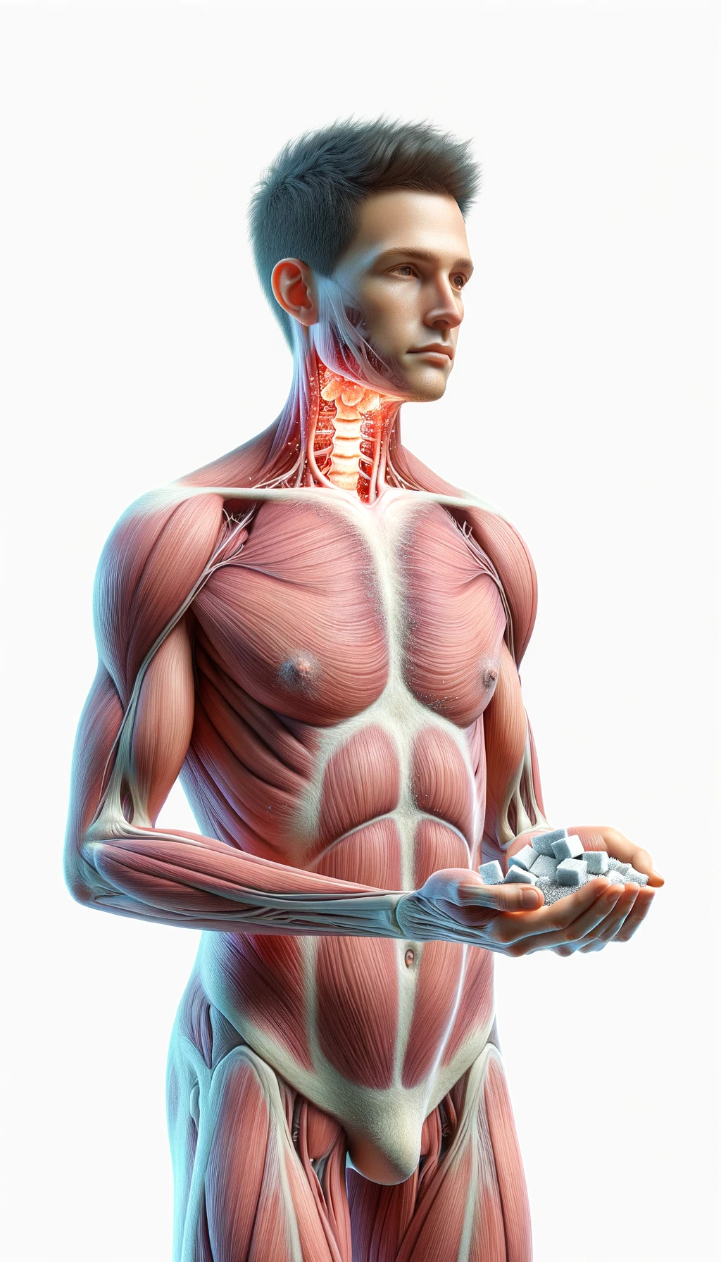 corpo umano anatomico con capelli corti a figura intera fino alle ginocchia, tiroide infiammata in evidenza, tiene in mano una manciata di zollette di zucchero, iperrealistica 4k, isolato su sfondo bianco emoji