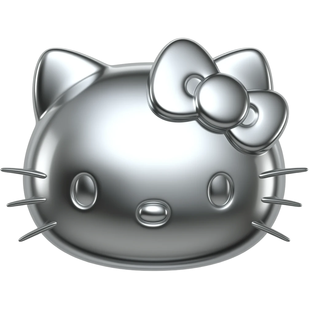 A 3D-style hello kitty head made of liquid chrome and polished silver. Sharp edges with a high-gloss metallic finish reflections. Minimalist, futuristic, and moody emoji