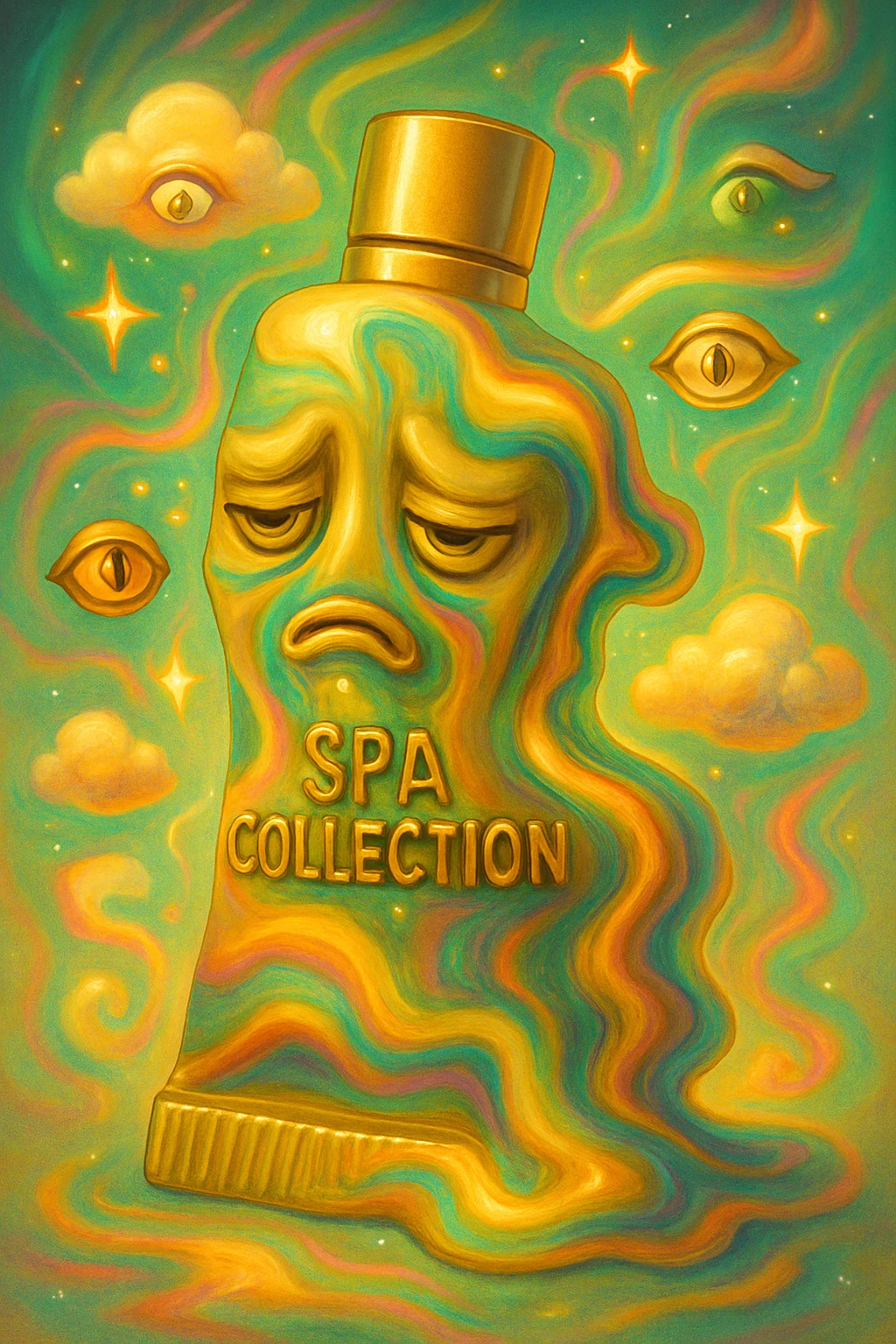 Enhance the surreal emoji by exaggerating the tube's curves, adding floating eyes, swirling colors, and melting shapes. Surround it with surreal elements like tiny clouds, stars, and a whimsical aura. Maintain the golden-beige color as a base but push the surrealism further, creating a dreamlike and abstract atmosphere. emoji