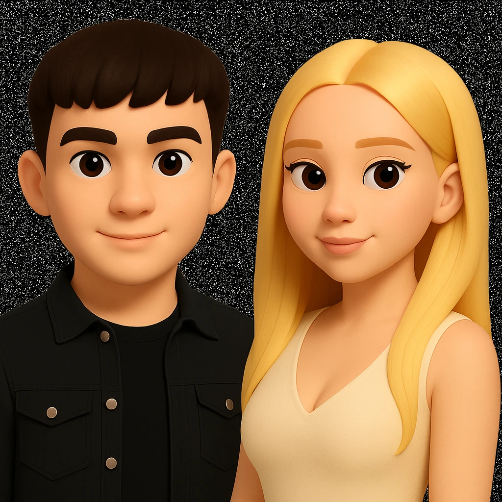 Slightly increase the volume of the upper body of the girl, separate the girl and the boy from each other, and make the skin color the same for both characters. Maintain the cartoonish 3D style as in the reference image. emoji