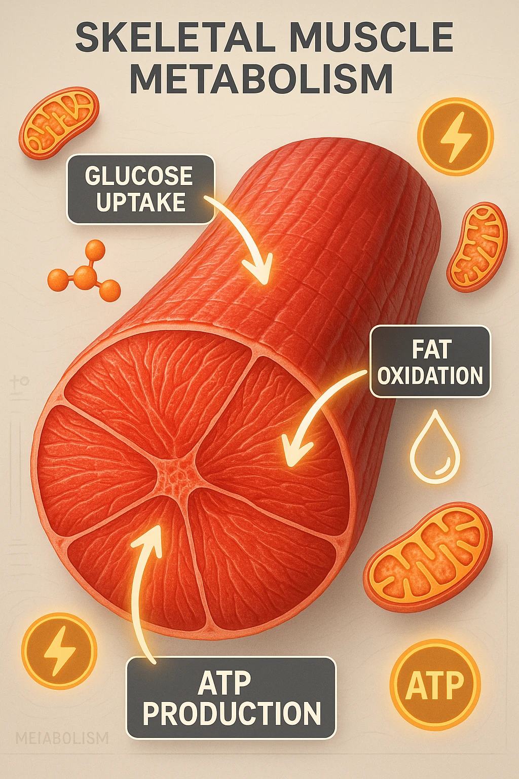a highly detailed cross-section of human skeletal muscle fibers, shown in vibrant red and pink tones, with visible striations and realistic texture. Glowing arrows and animated icons represent active metabolic processes—such as glucose uptake, fat oxidation, and ATP production—occurring within the muscle tissue. Surrounding the muscle, floating symbols for mitochondria and energy highlight its metabolic activity. The background is clean and clinical, with subtle labels and infographics explaining that muscle is a metabolically active tissue. The overall style is modern, scientific, and visually engaging, suitable for educational or medical use. emoji