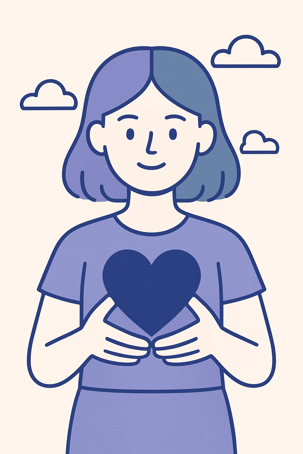 girl with half purple half green hair holding a heart, minimal flat design emoji
