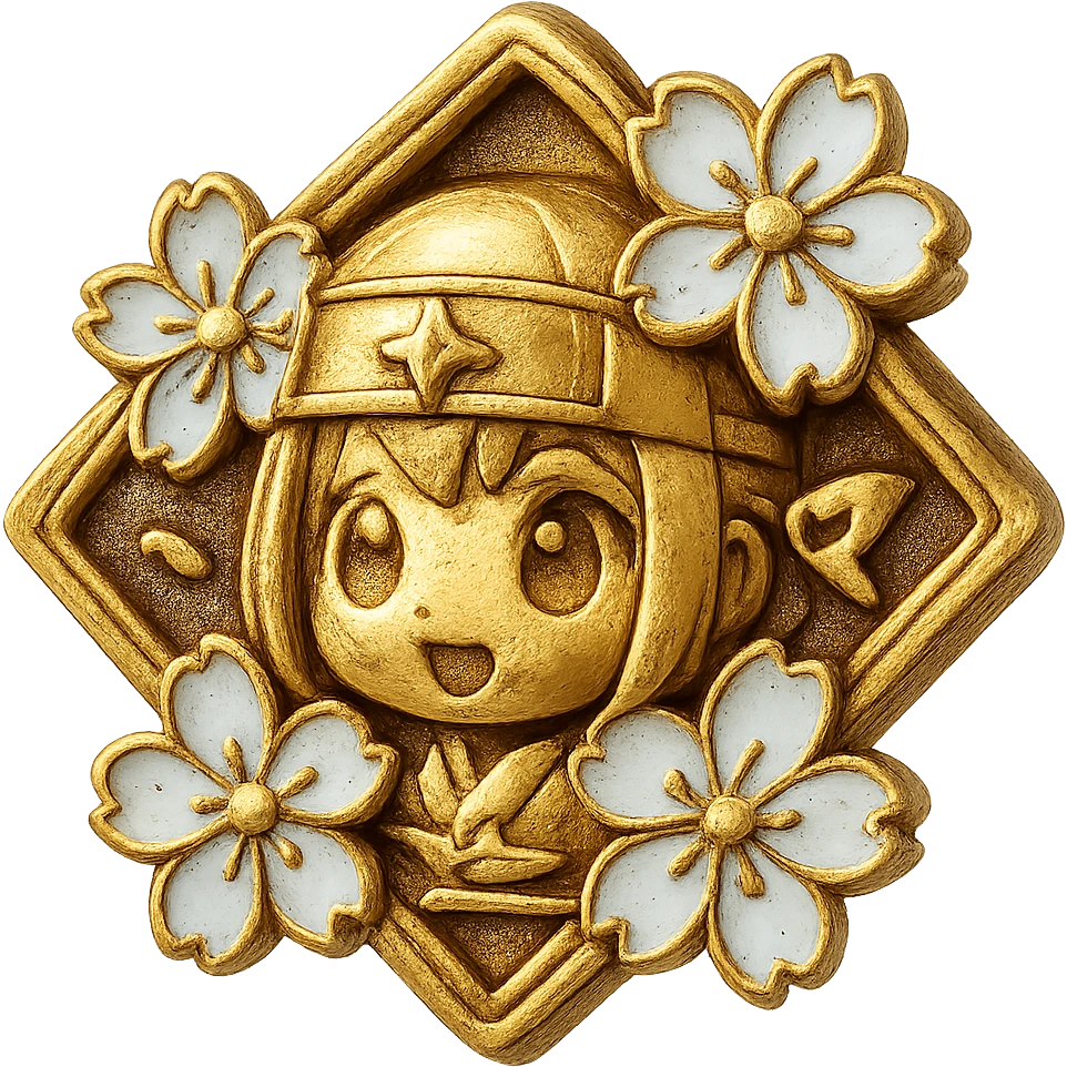 Japanese style badge in diamond color (icy blue/white), traditional crest shape, sakura (cherry blossom) accents, chibi/anime-inspired playful vibe, ninja star accent, no text, sized for Twitch or Discord use, transparent background. emoji