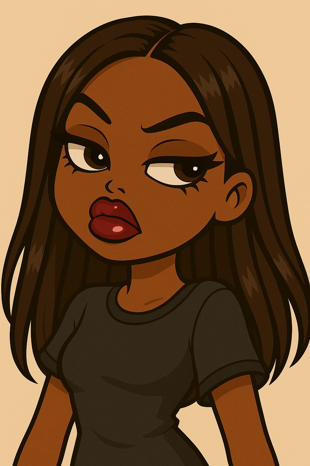 Change her pose to a side-eye, headshot only, 20-year-old anime Bratz style woman with dark skin, straight hair, more casual outfit, big expressive eyes, glossy lips, no hat, no tears, confident and aloof expression, snooty attitude, nose turned up. Render in anime Bratz style with emphasis on glossy lips and big expressive eyes, confident and aloof expression, no hat, no tears. emoji