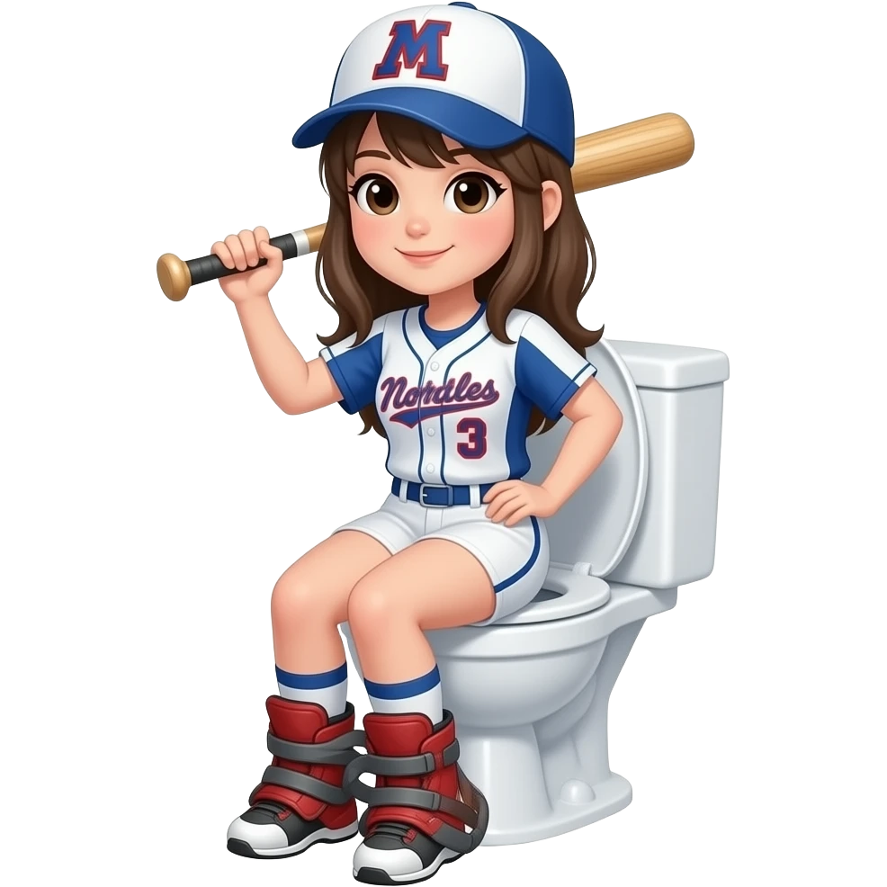 GIRL ON TOILET IN A SOFTBALL UNIFORM HOLDING A BAT UNIFORM NAME SAYS NUTS emoji
