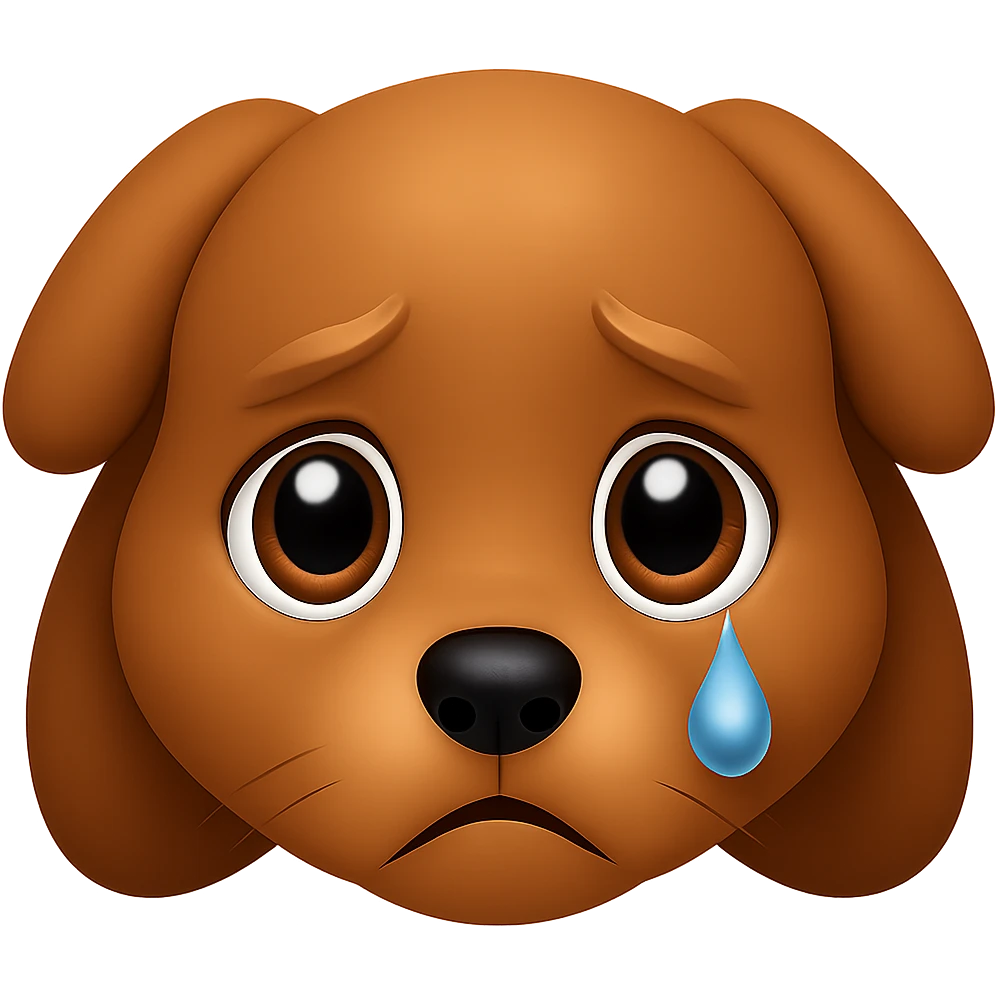 Create an emoji style image of a dog with an even sadder look, larger shiny eyes with a tear in one eye, and an expression full of sadness. The background should be transparent. The style should resemble apple style emojis with concise details. emoji