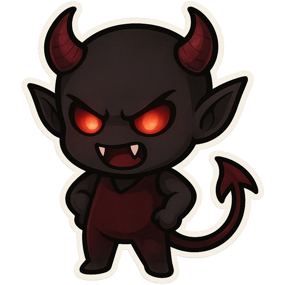 devil emoji in chibi style with gothic palette black and crimson, sharp fangs, glowing eyes, dramatic shadows emoji