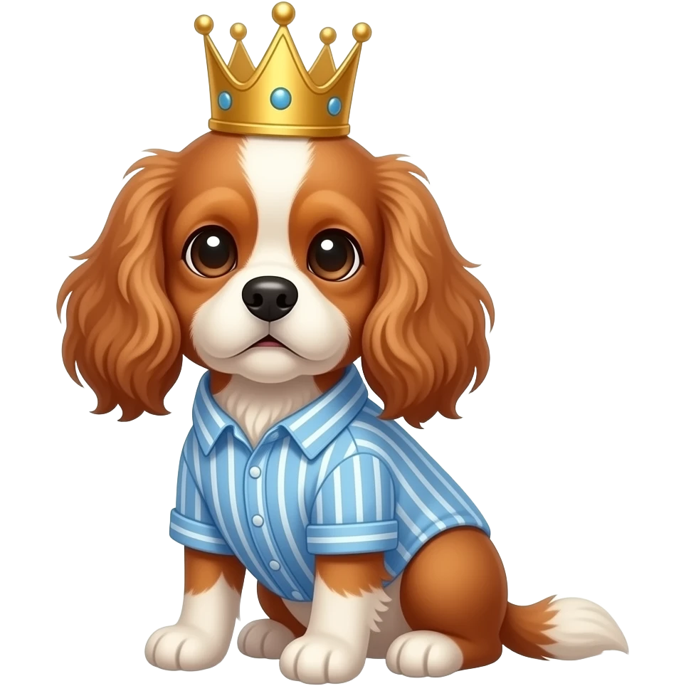 A brown Cavalier King Charles Spaniel sitting in a blue vertically thin-striped shirt with a birthday crown emoji