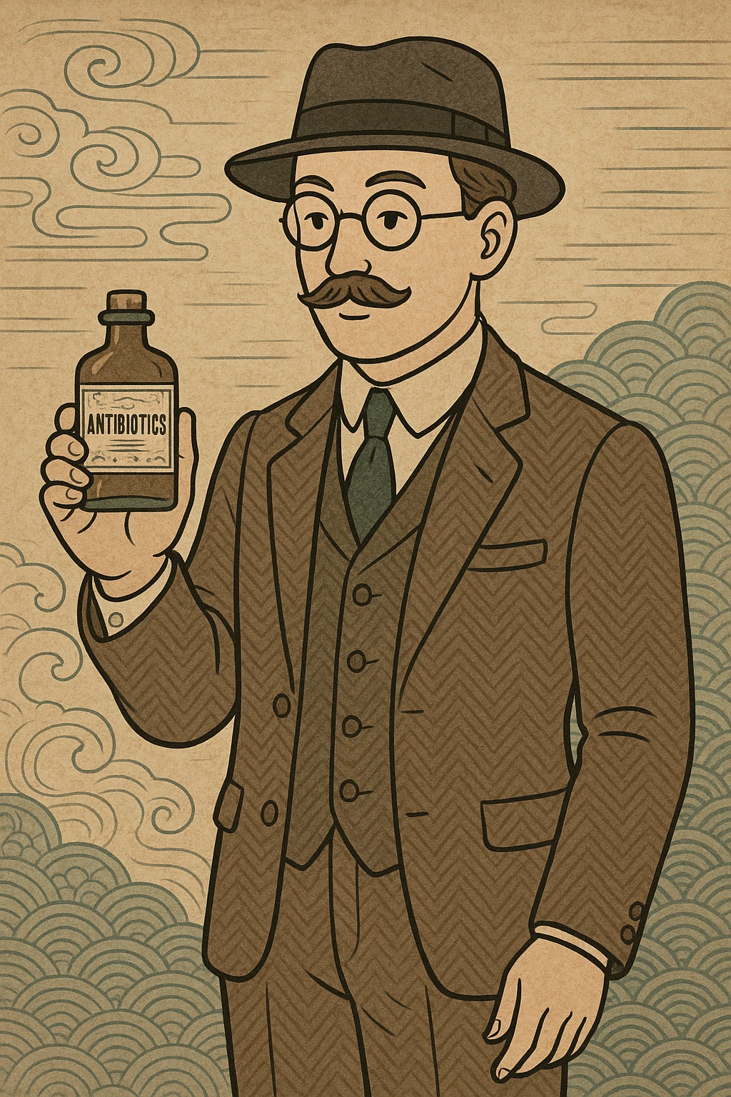 A 1920s doctor standing with a bottle of antibiotics emoji