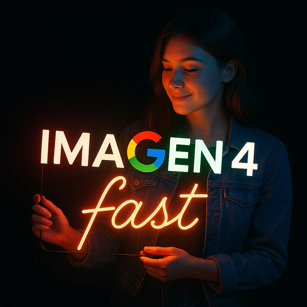 make a girl holding this sign, but sign in made of neon, also add fast below the sign emoji