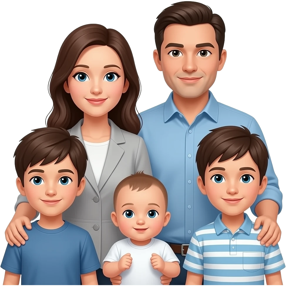 family portrait of parents with two older boys and a baby emoji
