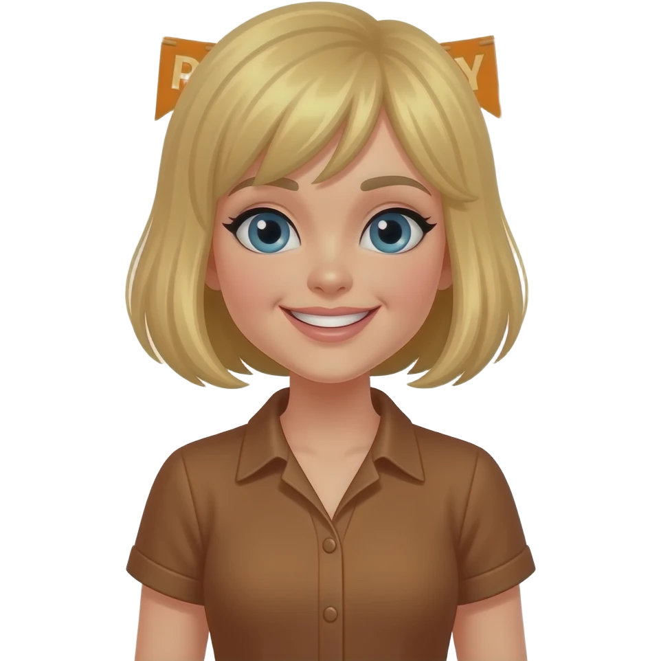 blonde tight curly hair in a short bob Happy Thanksgiving banner and acorns and brown and red leaves around in a short sleeve brown blouse emoji