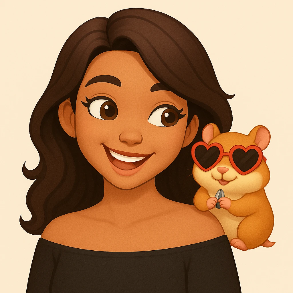Change the hamster's sunglasses to heart-shaped sunglasses. Keep the playful, adorable vibe and the fun, carefree moment between the woman and her hamster. Maintain the modern, clean, warm style. emoji
