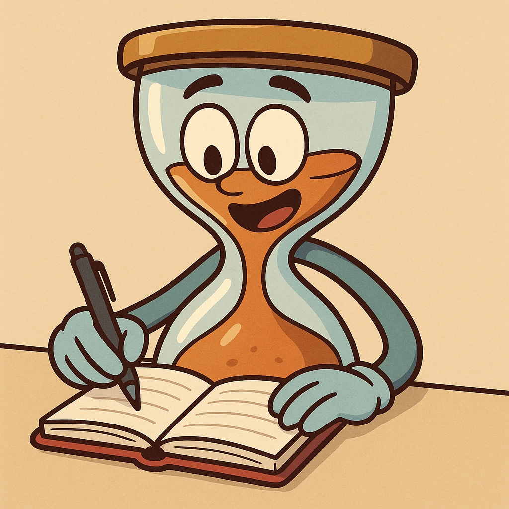 animated cartoon hourglass character writing on a notebook, expressive, lively, colorful, with a friendly face and arms, in a fun cartoon style emoji
