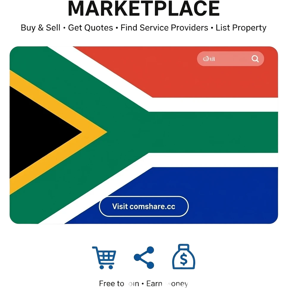 Main heading: "MARKETPLACE" Subtext: "Buy & Sell • Get Quotes • Find Service Providers • List Property" Call to action: "Visit comshare.cc" Bottom text: "Free to join • Earn Money"  Style: Modern, clean, professional. South African themed.   Include subtle icons for shopping, sharing, money. emoji