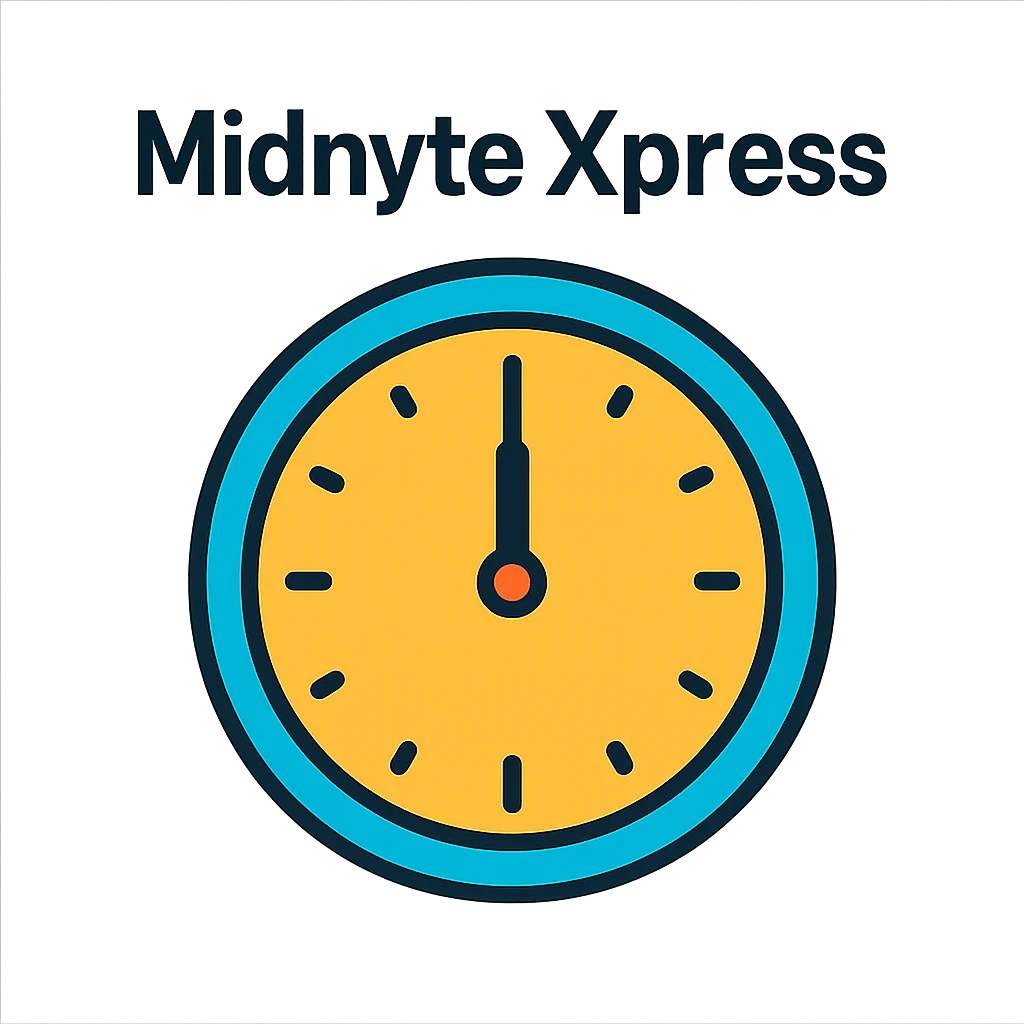 clean modern icon style clock showing midnight with the text 'Midnyte Xpress' above it emoji