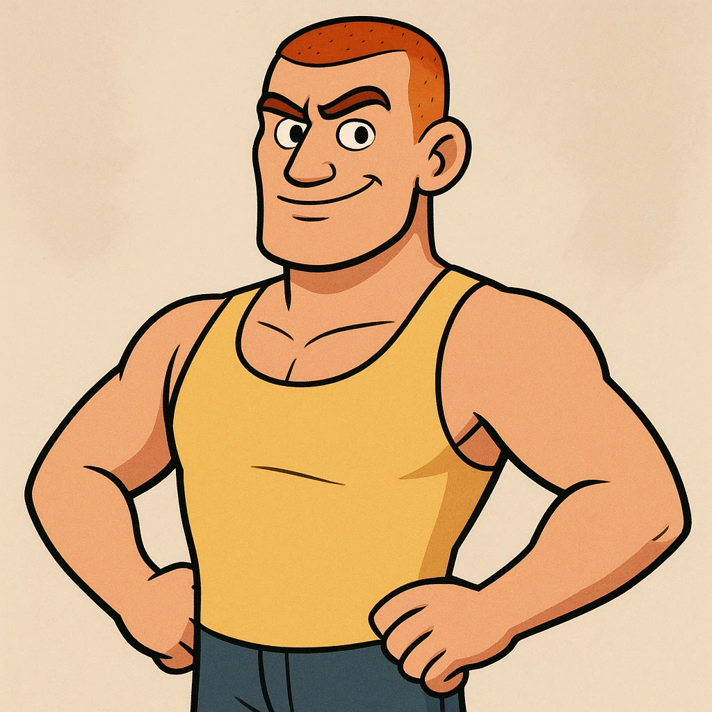 red-haired man, buzz cut, yellow tank top, confident stance, minimal background emoji
