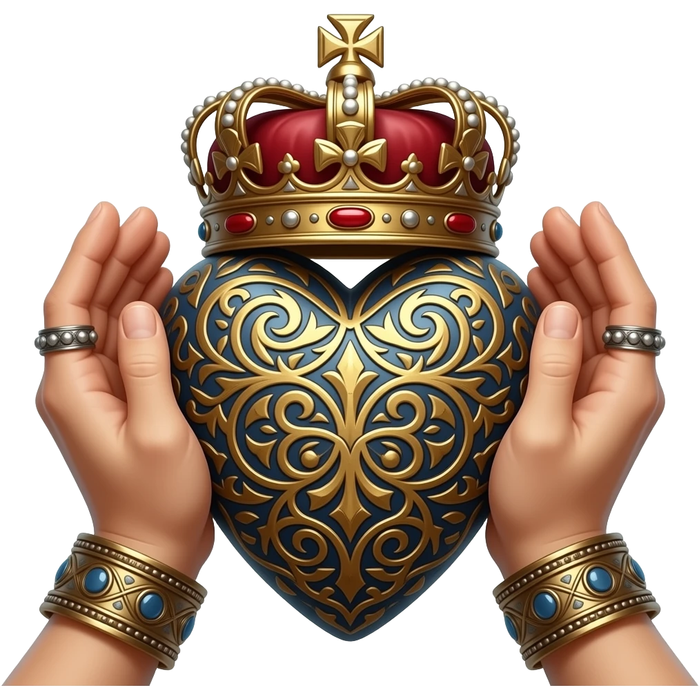 two elegant  hands with metal bracelets touch with their fingers a rusty heart richly ornamented with arabesques with a richly decorated royal crown,  (fingers are facing down and palms are facing up)   - dramatic lighting - backlight emoji