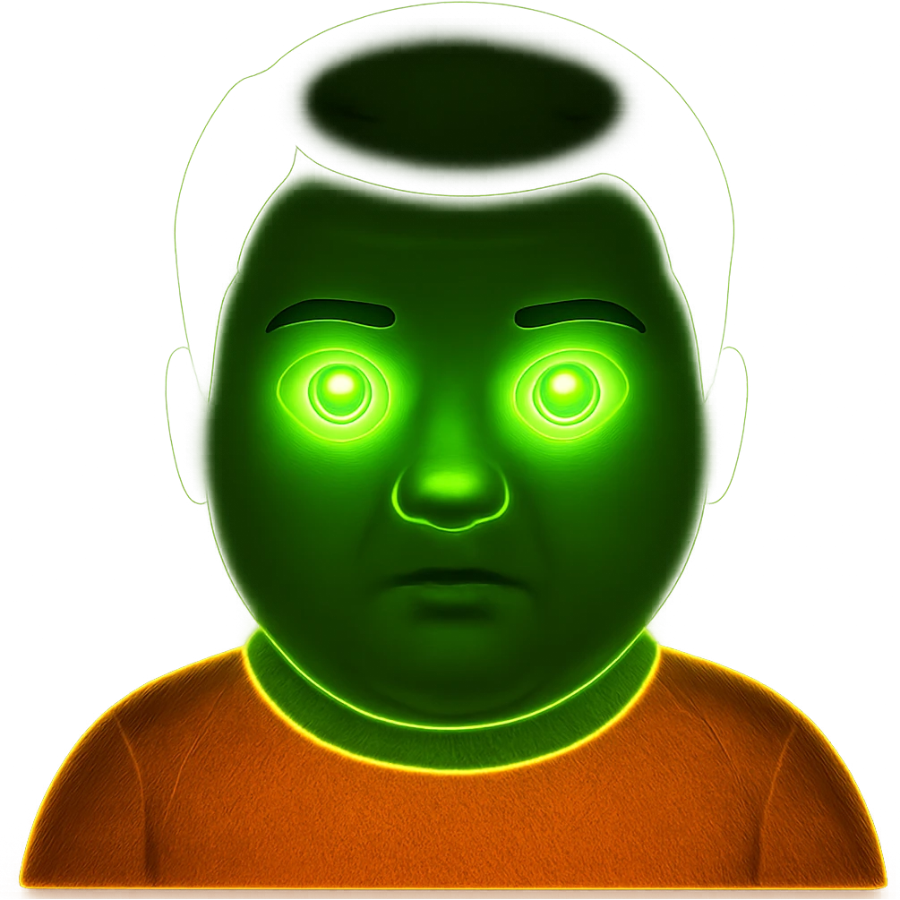 Make the neon green eyes even brighter and more glowing, keep the rest of the emoji unchanged, with no background. The style is a neon green glowing emoji with no background. emoji