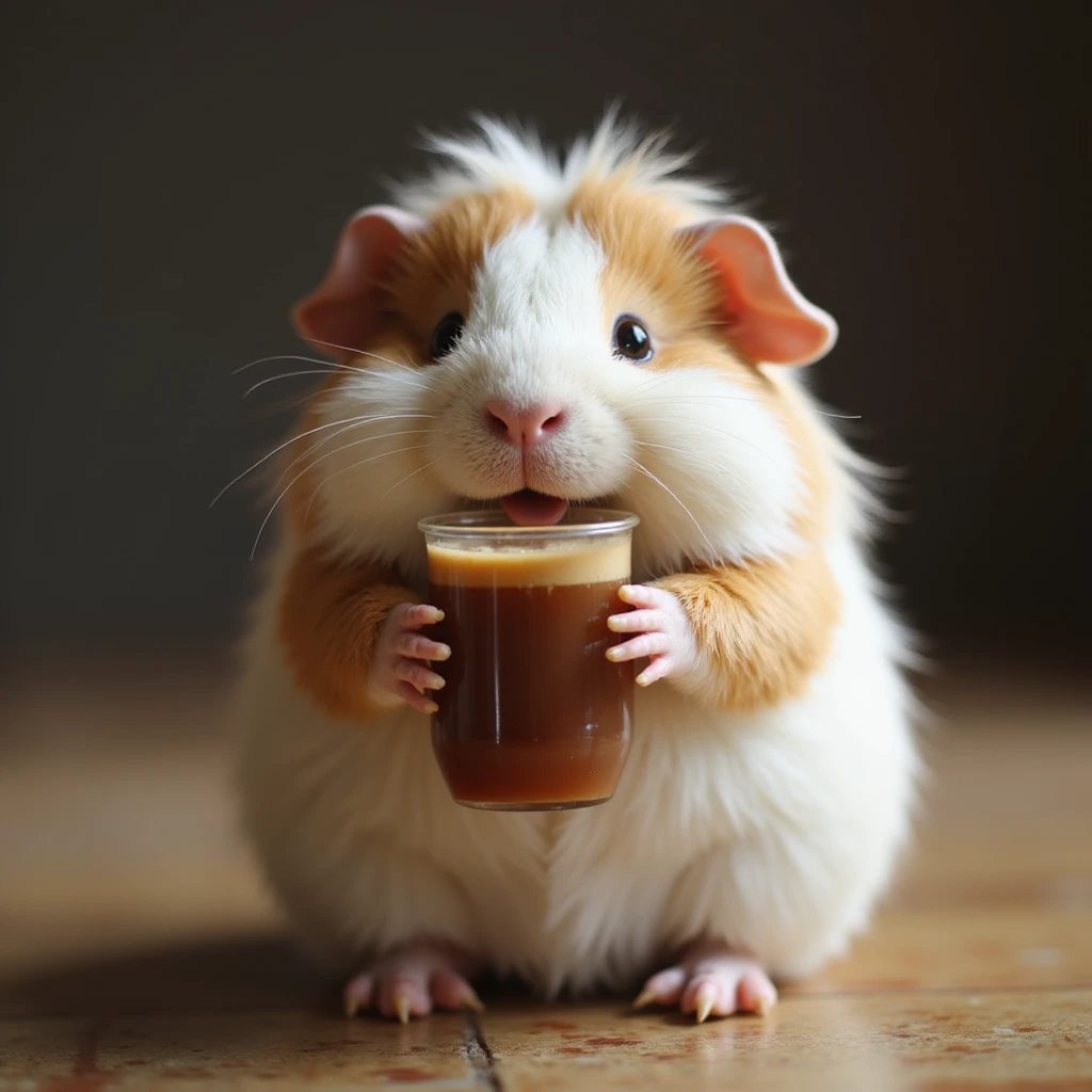 a fluffy guinea pig holding a cup of boba, realistic lighting and textures, photorealistic style emoji
