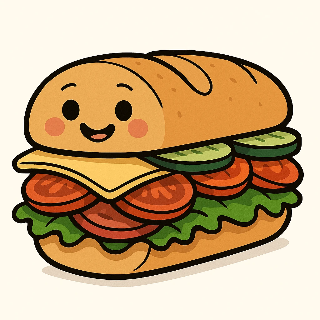cartoon sub sandwich with a smiling face on the bread, colorful fillings, cute and friendly, bold outlines, isolated on white background emoji