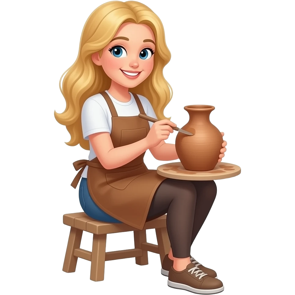 Simpel emoji, Blond long hair female, in white t-shirts, black thighs and brown apron doing pottery, happy emoji