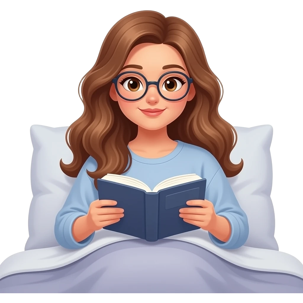detailed emoji illustration of a curvy woman with long light brown wavy hair, light brown eyes and round glasses sitting in bed under a blanket and reading a book, cozy night reading atmosphere, cute emoji style emoji