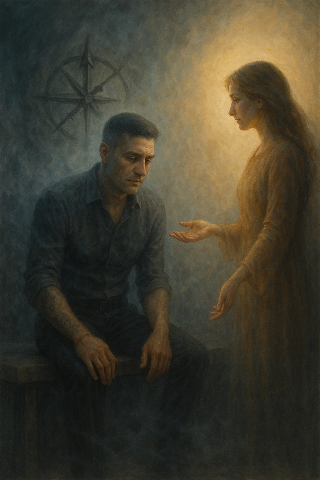 Uomo tra i 35 e i 45 anni seduto su una panchina o in una stanza tranquilla, sguardo rilassato ma spento, come sollevato nel mentale ma svuotato nello spirito. Davanti a lui una donna lo guarda con dolcezza, mano tesa come per offrire una soluzione. L’ambiente attorno all’uomo è grigio-bluastro, con la sua aura maschile che si dissolve leggermente, mentre intorno alla donna una luce calda e stabile. Sullo sfondo, un simbolo spezzato di bussola o direzione, a indicare la perdita di leadership interiore. Atmosfera riflessiva, stile realistico con simbolismi delicati emoji