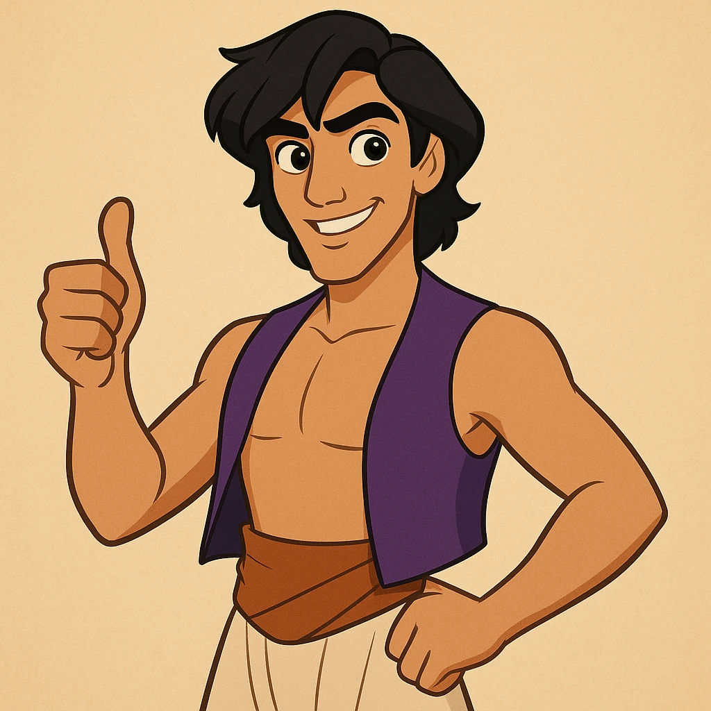 Aladdin giving a thumbs up, modern animated style, confident pose emoji
