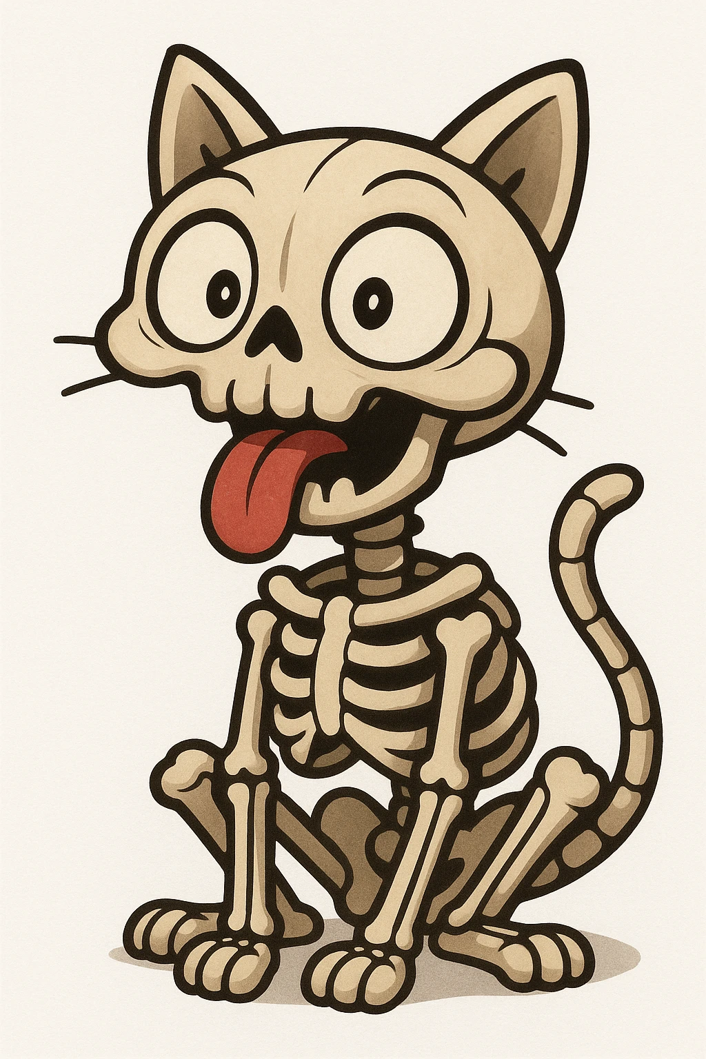 stylized skeletal cat with humorous, exaggerated facial expression, wide open eyes, tongue sticking out, bone-like structures forming the rounded head, simplified joint details, cartoon-like, plain white background, cat is the central focus emoji
