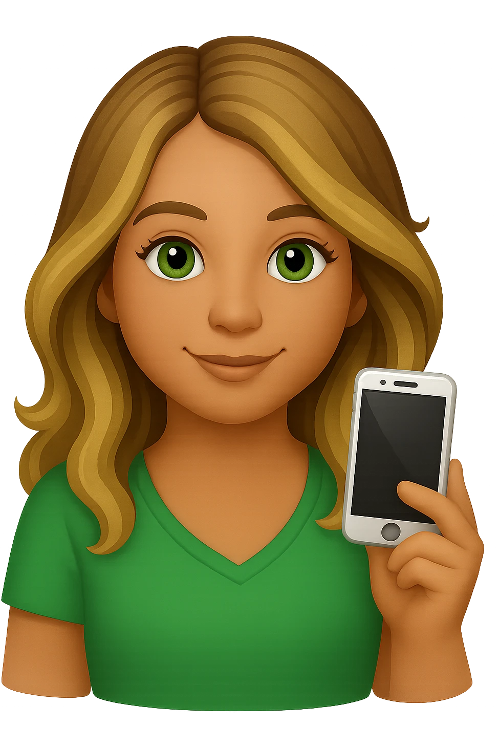 Make her eyes a little darker, give her a rounder face, and a soft smile. Keep the iPhone emoji style with long wavy hair with brown roots and blonde highlights, brown eyebrows, and summer tan. Maintain the transparent background. emoji