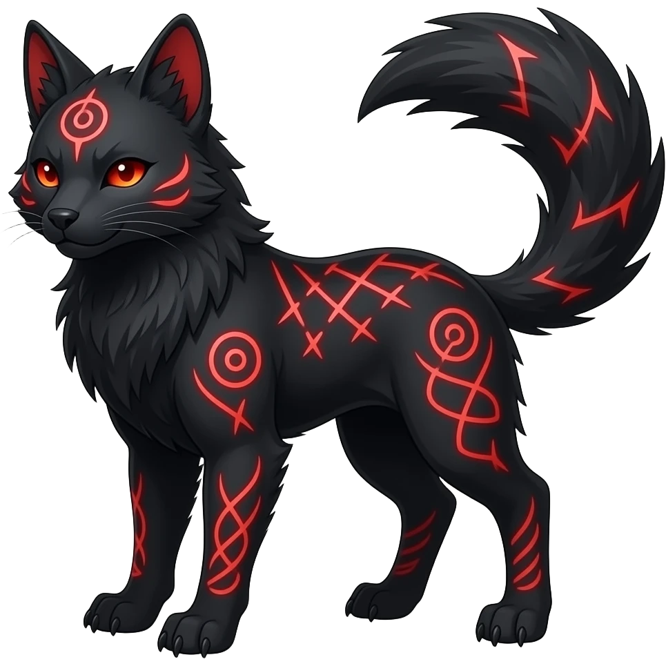 Feral Rare Fantasy dark obsidian-black fur with crimson glowing runic markings Vernid-Sergal-Genet-Trico-species by LiLaiRa, random markings, tufted tail, tufted ears, full body emoji