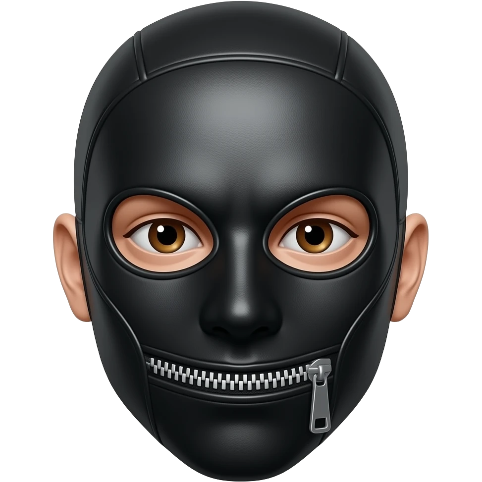 BDSM-style leather-clad one-piece gimp mask with horizontal zipper over mouth occupied by face with only the brown eyes showing through eye holes in a cartoon style emoji