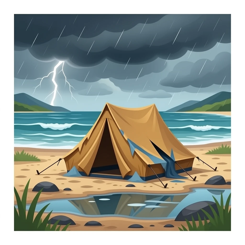 Battered tent on polluted beach emoji
