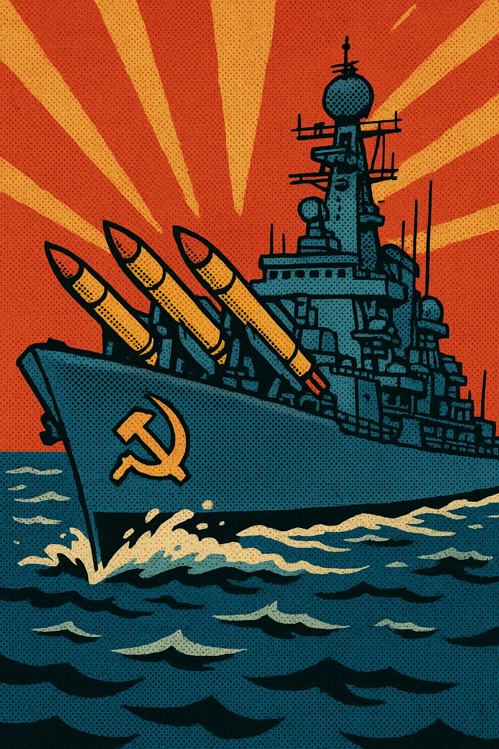 A 1960s Russia war ship carrying nuclear missiles.  The warship has the communist party logo on the side. emoji