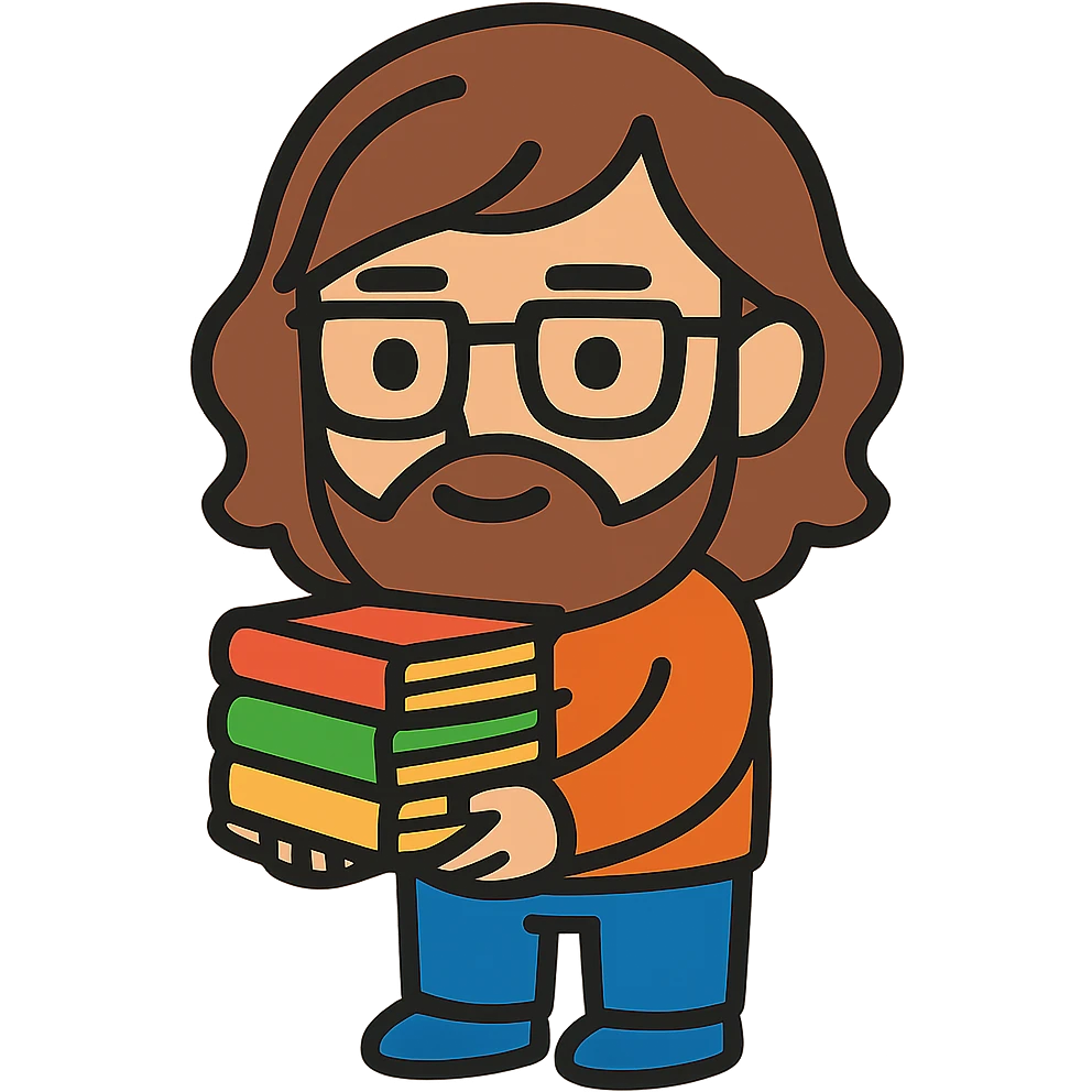 Add long hair and a beard to the nerd with books, keeping the original style and transparent background. emoji