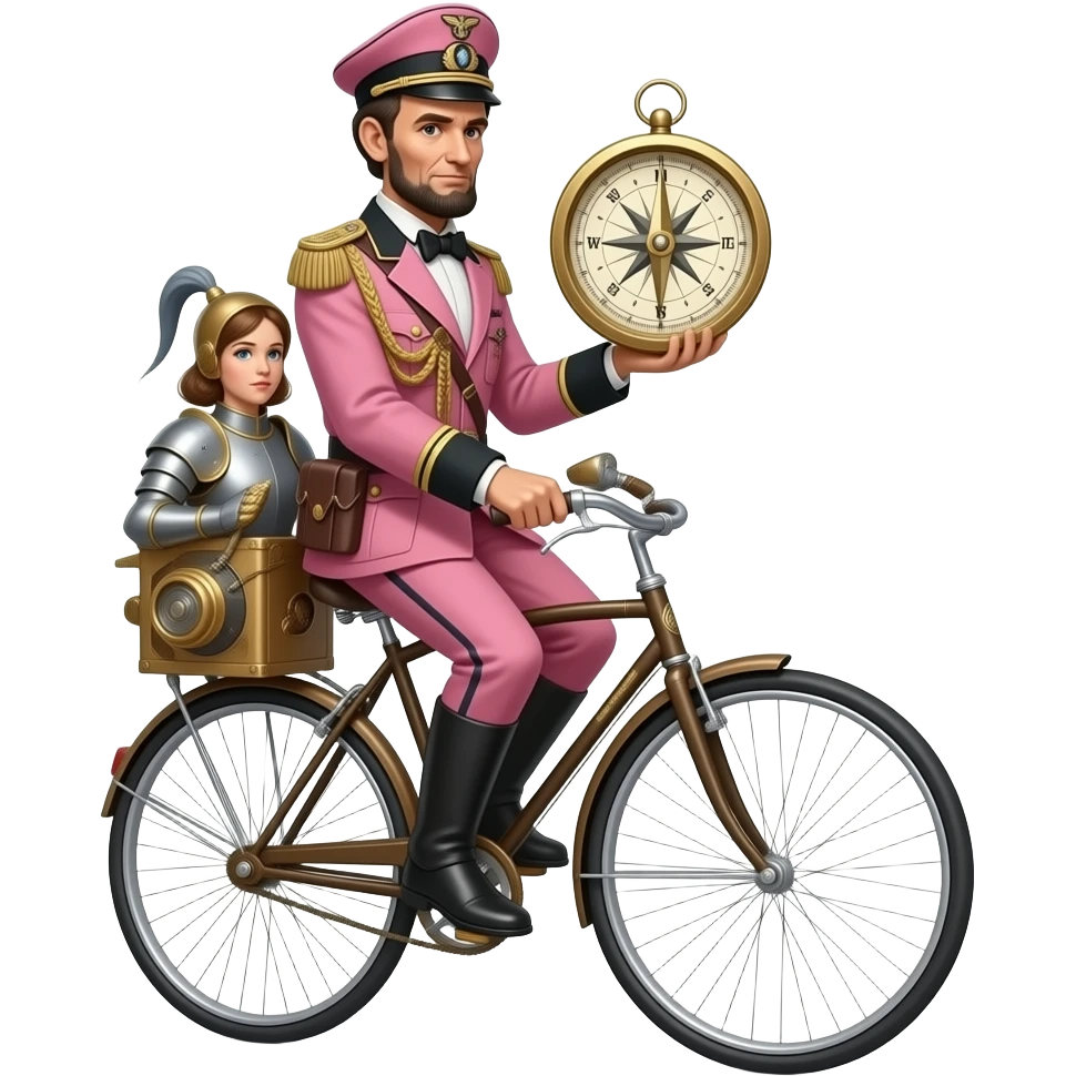 steampunk - Abraham Lincoln in a pink German uniform from World War II transports the thin and serious Joan of Arc on a vélocipède, Joan of Arc carries a huge compass in her hands emoji