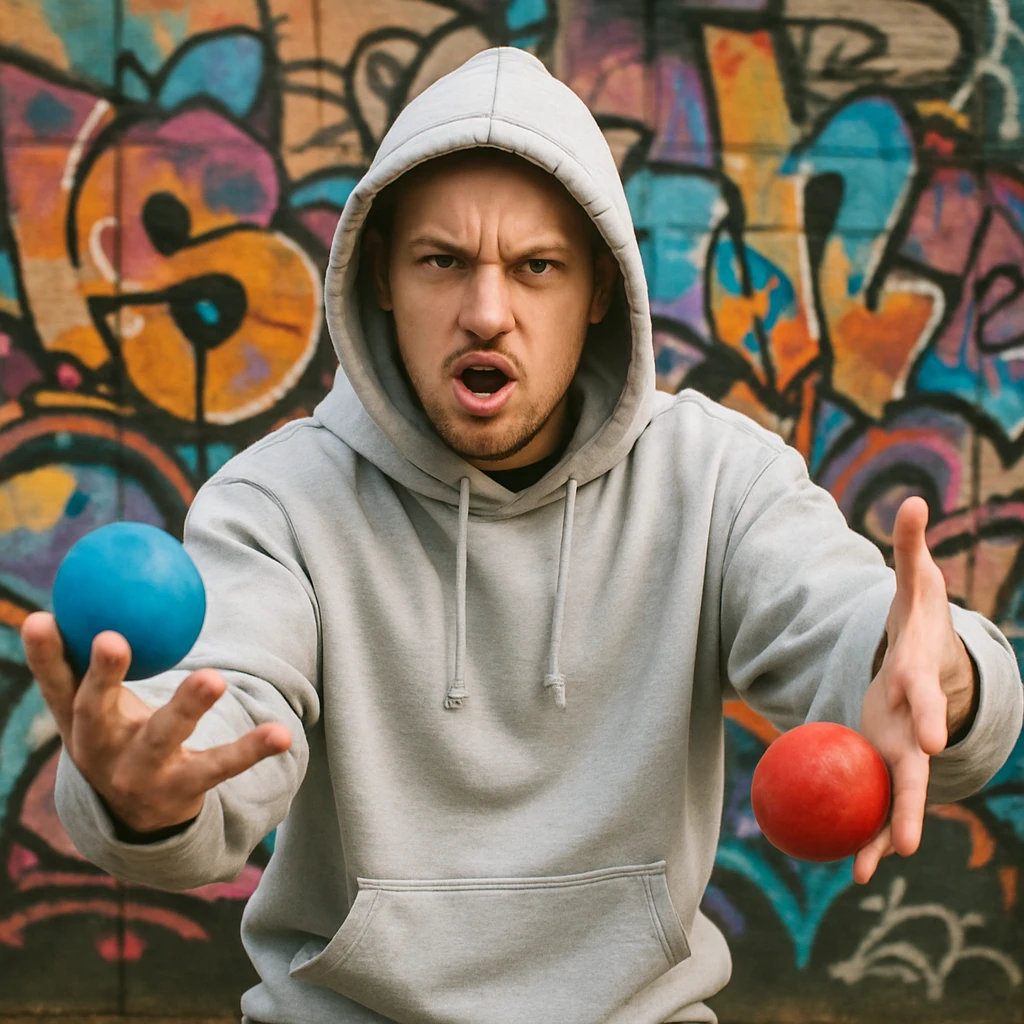 A white rapper in a hoodie holding a blue ball in one hand and a red ball in the other, urban style, expressive pose emoji