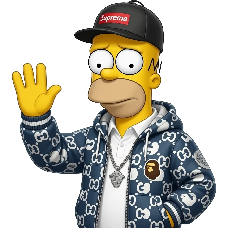 sad bart simpson with hypebeast clothe like supreme bape gucci off white stand up and saying good bye to the screen emoji