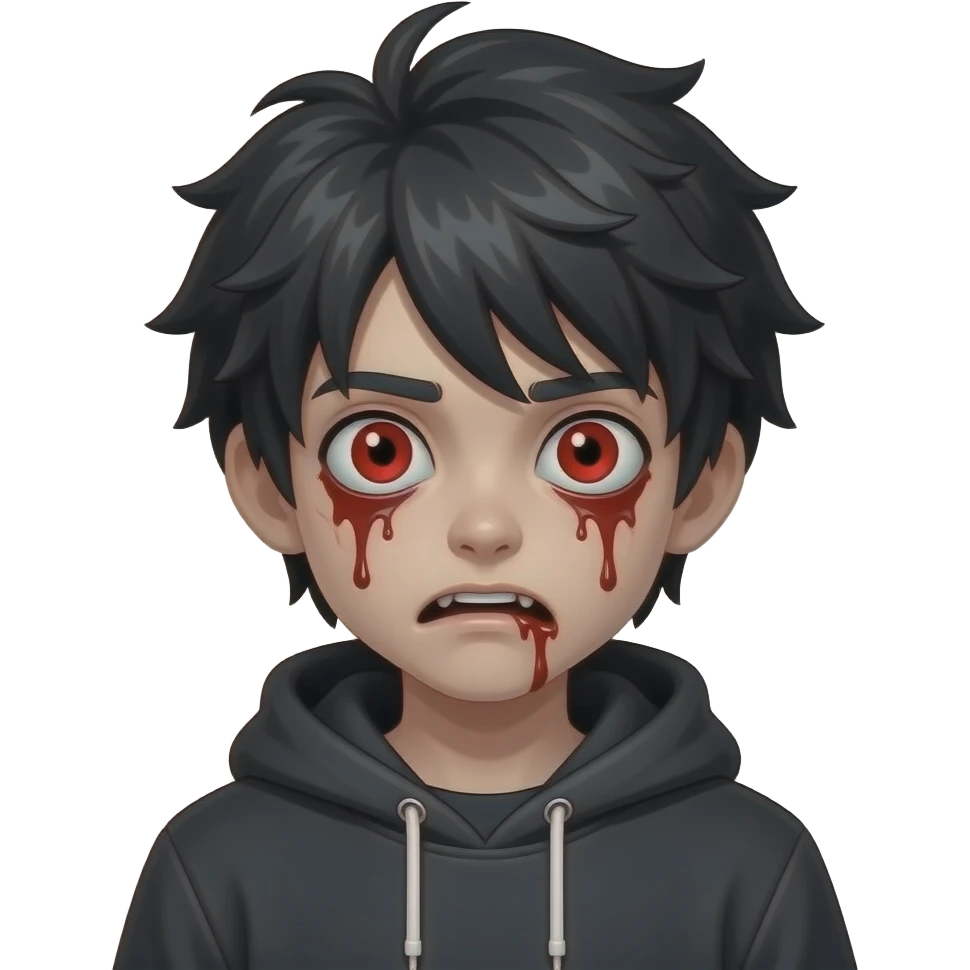 centered scary emoji zombie boy, messy dark hair, creepy expression, blood under eyes, red eyes, hoodie, black background emoji