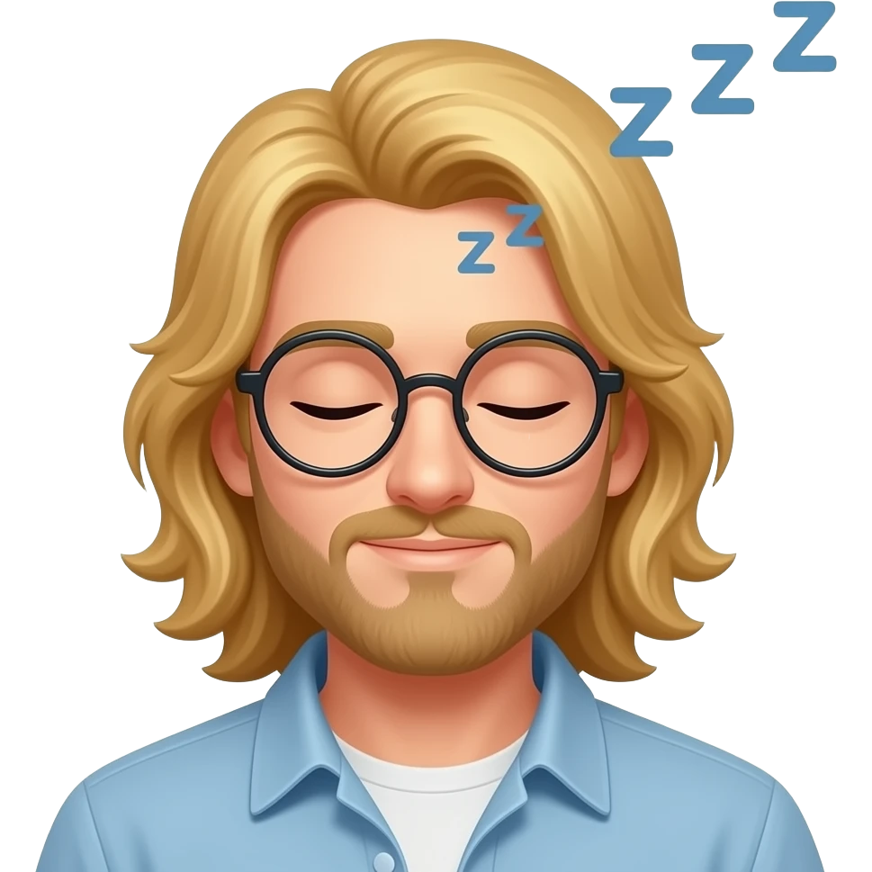 sleeping blond guy with long hair and glasses with "zzz" floating above his head emoji